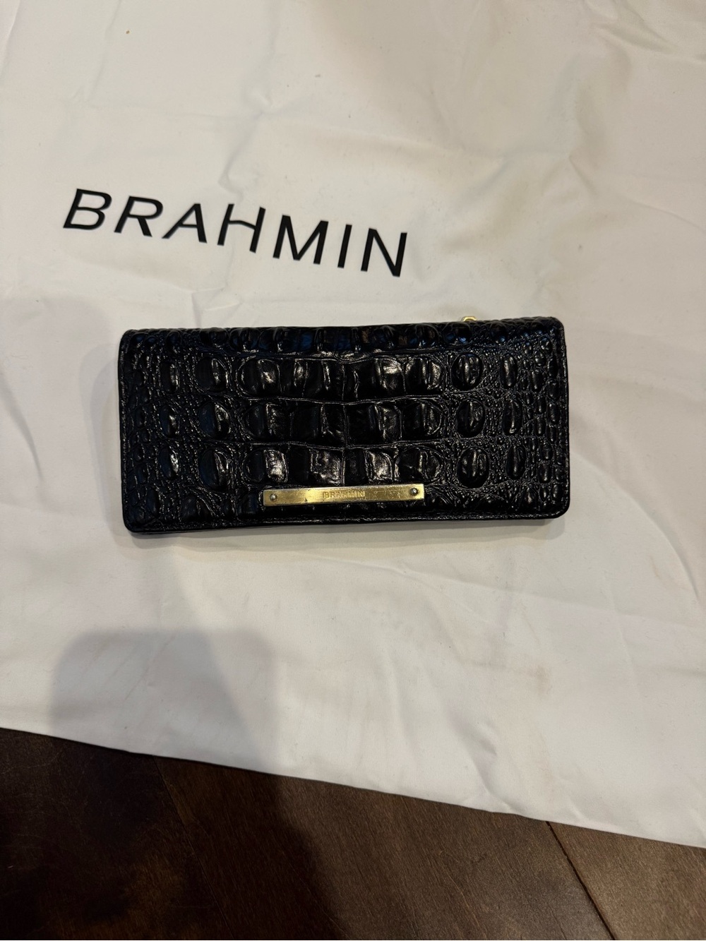 Brahmin Black Croc-Embossed Leather Card Holder with Gold Plate